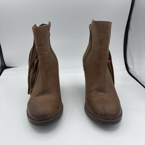 Steve Madden Boots Womens 8.5 Woodstock Brown Leather Fringe Bootie Block Heel C - Picture 3 of 9
